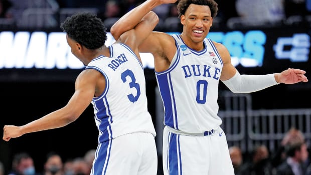 Duke Blue Devils guard Jeremy Roach (3) and forward Wendell Moore Jr. (0) reacts after a play against the Texas Tech Red Raiders during the second half in the semifinals of the West regional in San Francisco. Duke held off the Red Raiders, 78-73.